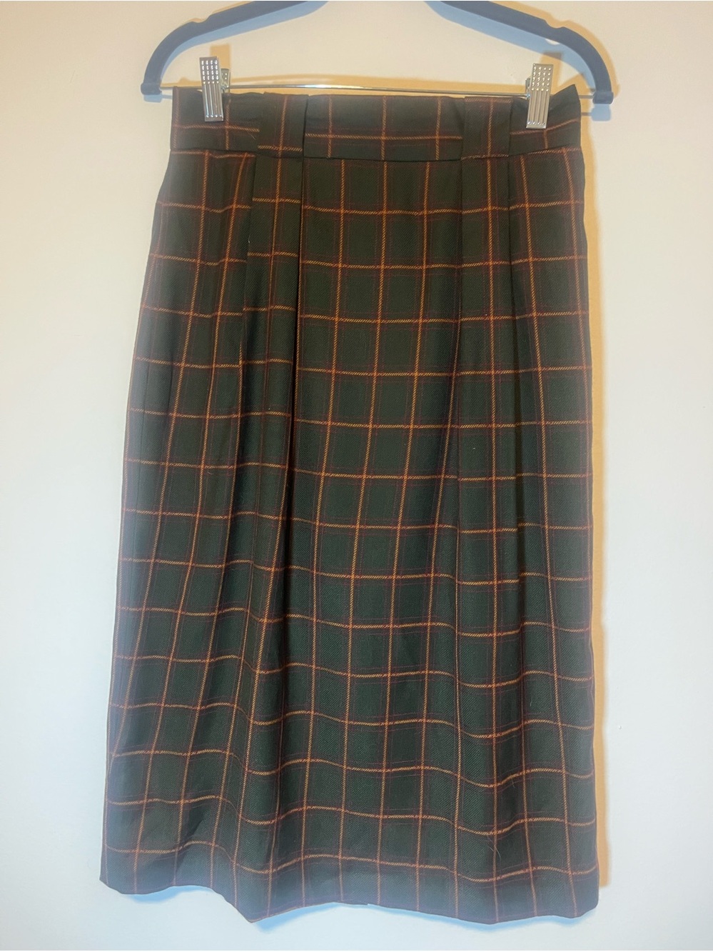 Evan Picone Dark Green Plaid Midi Skirt with Orange Windowpane